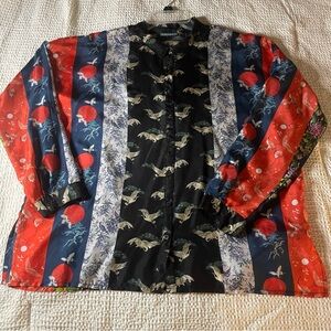 Johnny Was Kimono Print Silk Blouse Top Bohemian Button Front